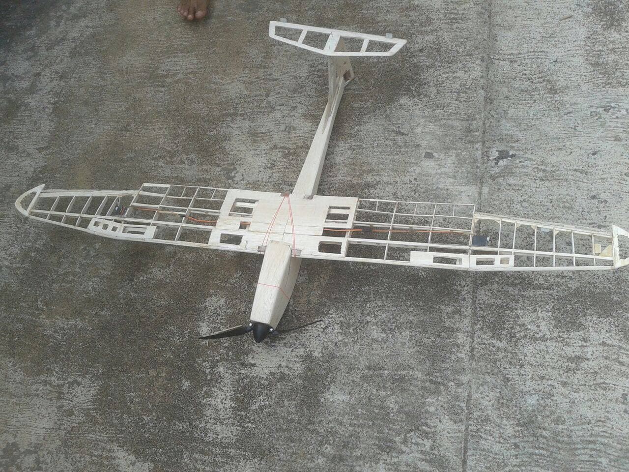 "Electric-powered glider with lightweight balsa wood construction, designed for smooth and efficient flight performance."