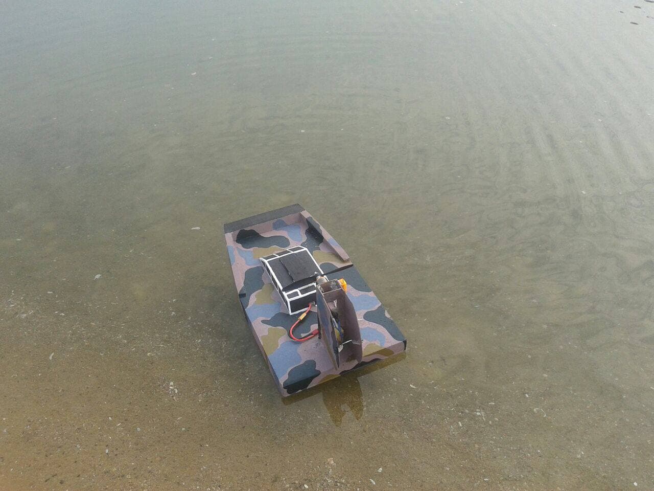 "Electric boat with camouflage design, developed by Viyaddrony R&D for a student project in marine technology."